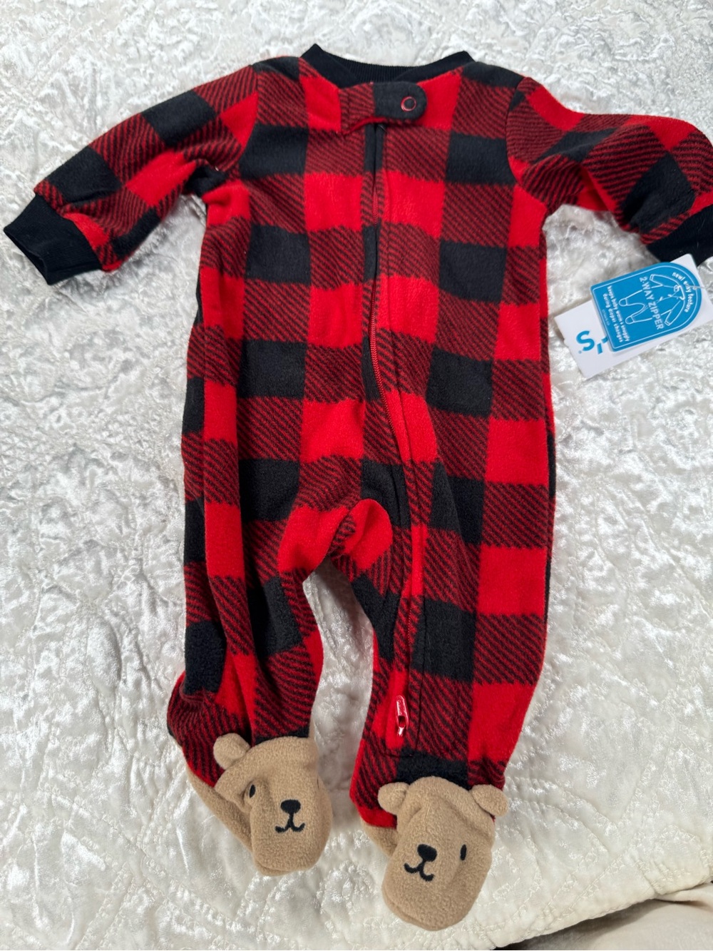 NWT TWO WAY ZIP Carter's Red and BlackPlaid Footed One-Piece with Bear Feet